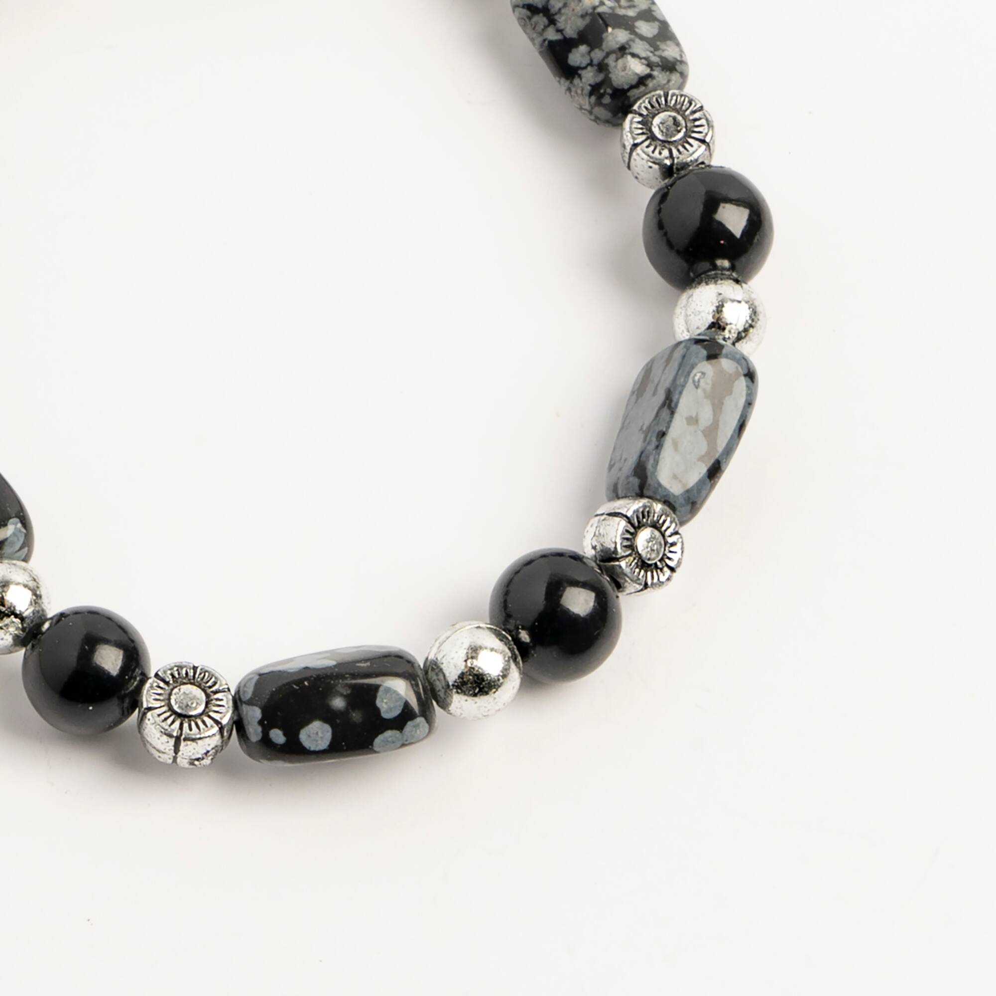John Bead Snow Flake Gray & Obsidian Natural Stone Bracelet